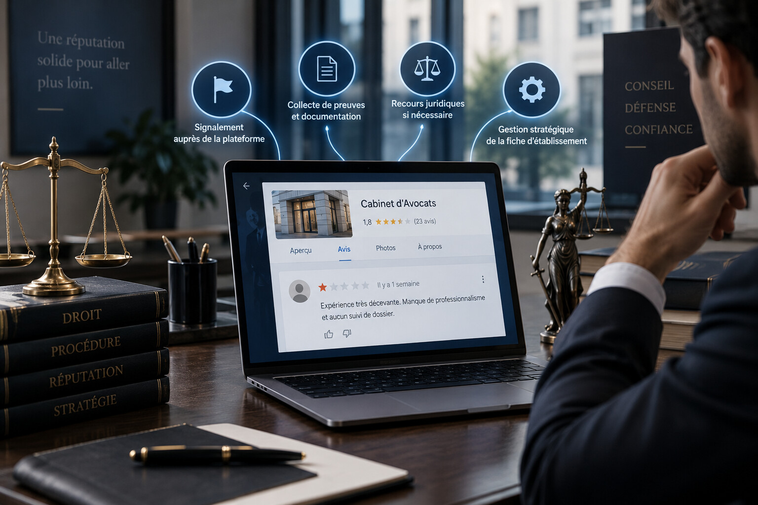 Avocat consultant un avis Google négatif sur la fiche de son cabinet
