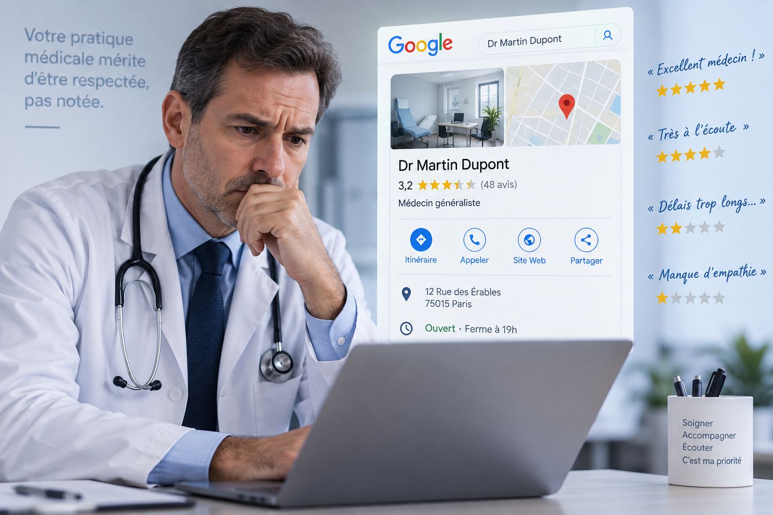 Médecin consultant la fiche Google de son cabinet et les avis publiés à son nom